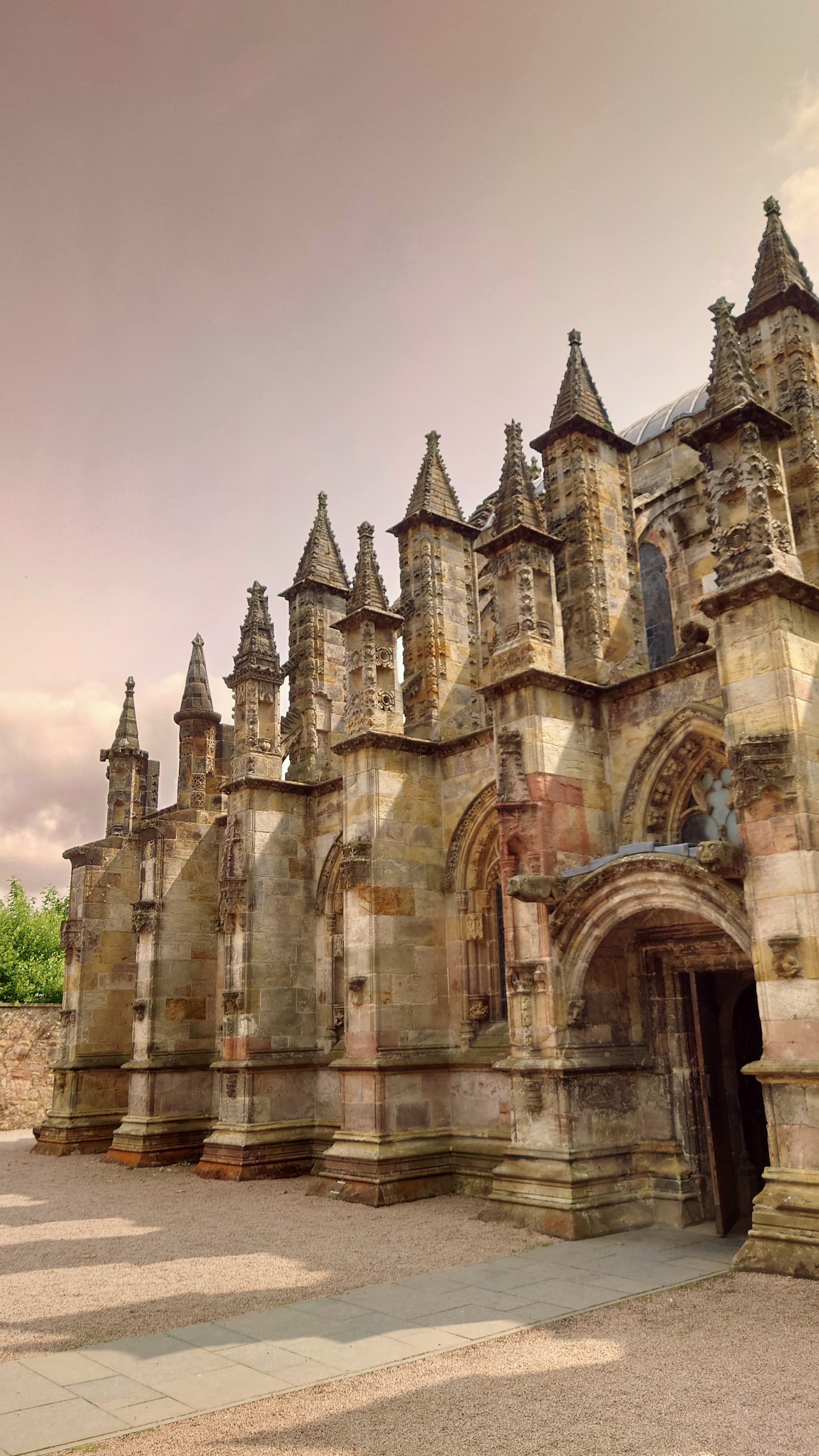 Rosslyn Chapel, south of Edinburgh, with its carved stonework and richly detailed exterior.